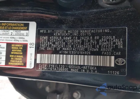 2015 Toyota Avalon Xle Touring z USA, uszkodzony, nr VIN 4T1BK1EB5FU164926